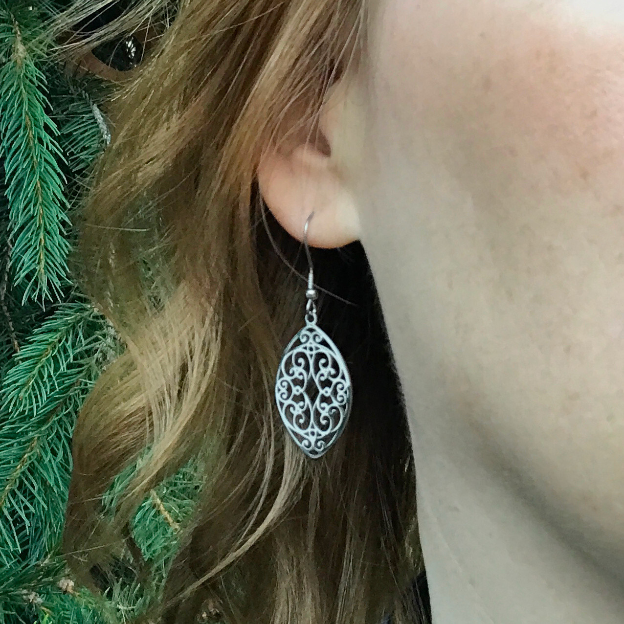 Silver Filigree Earrings Stainless Steel Dangle Womens Cutout Swirl 2 Inch