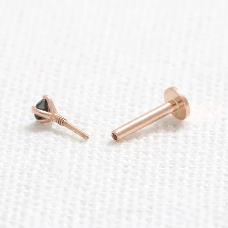 Real 0.03 Ct Round Black Diamond Nose Stud Screw Ring Piercing Pin 14K Rose Gold