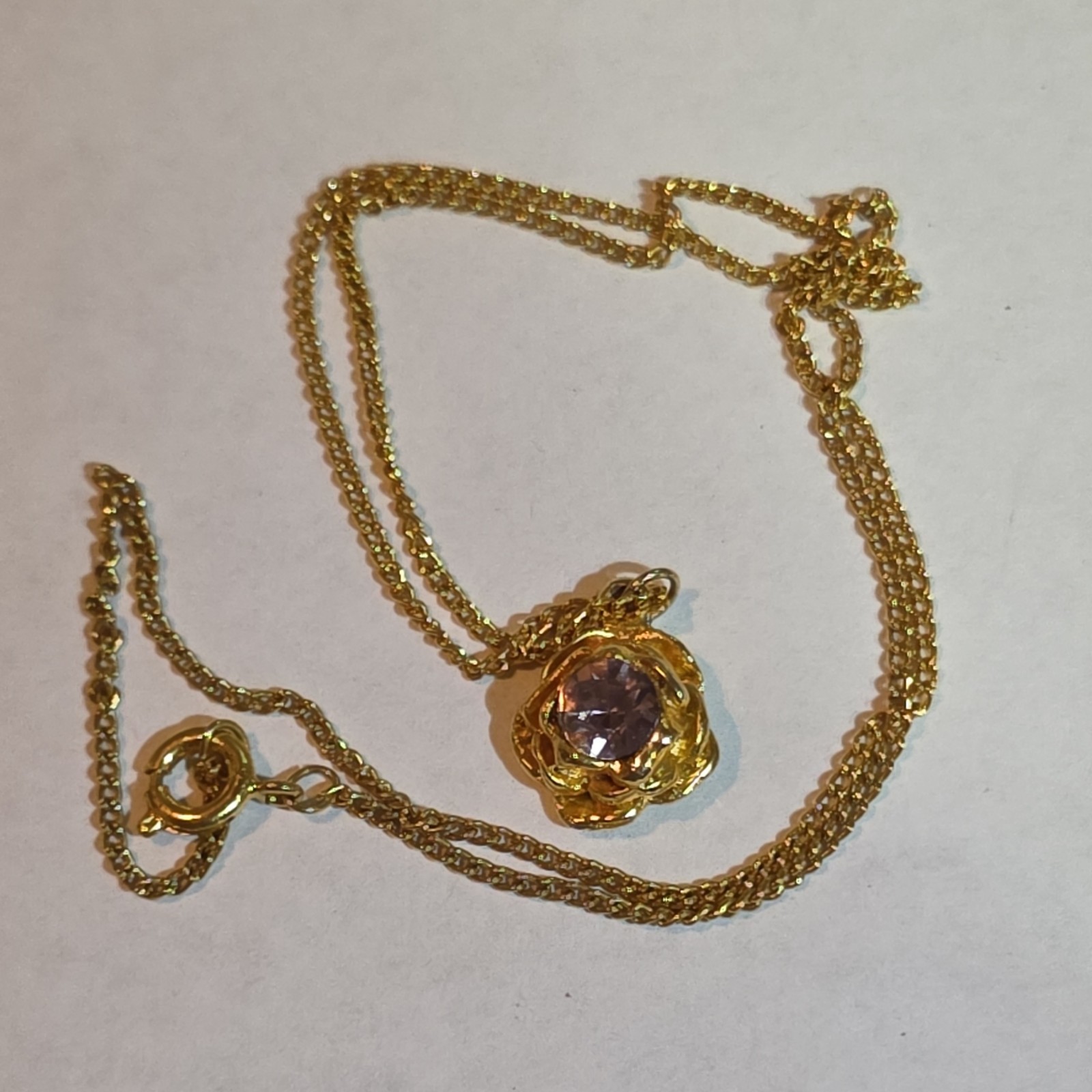 Gold Tone Chain Necklace Purple Round Crystal Flower Charm Pendant