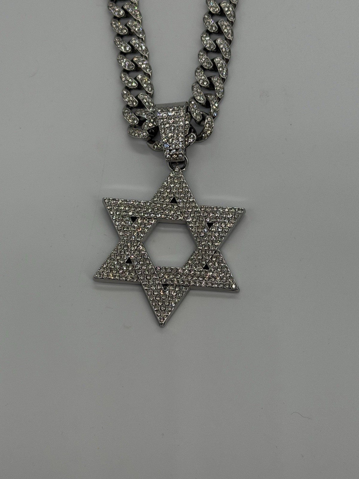 Silver Plated Alloy Star of David Charm Iced Cuban Cubic Zirconia Chain Necklace