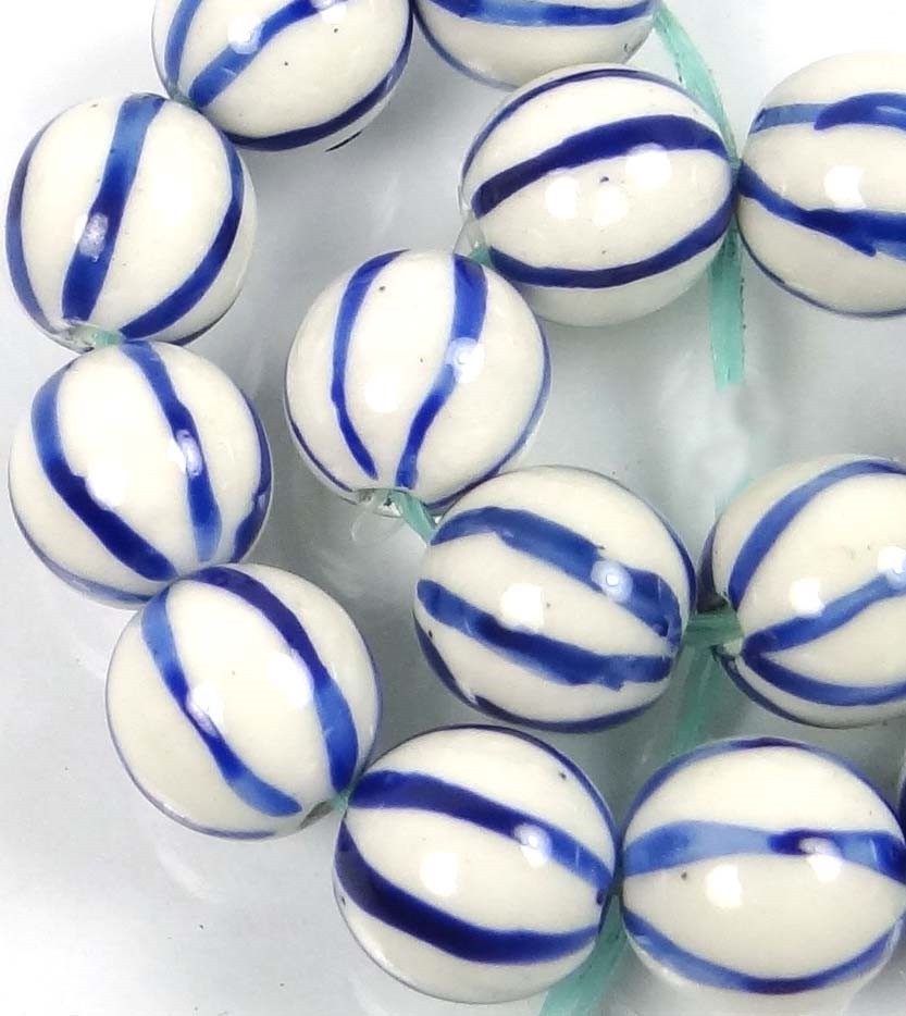 10mm Blue White Porcelain Melon Round Beads (10)