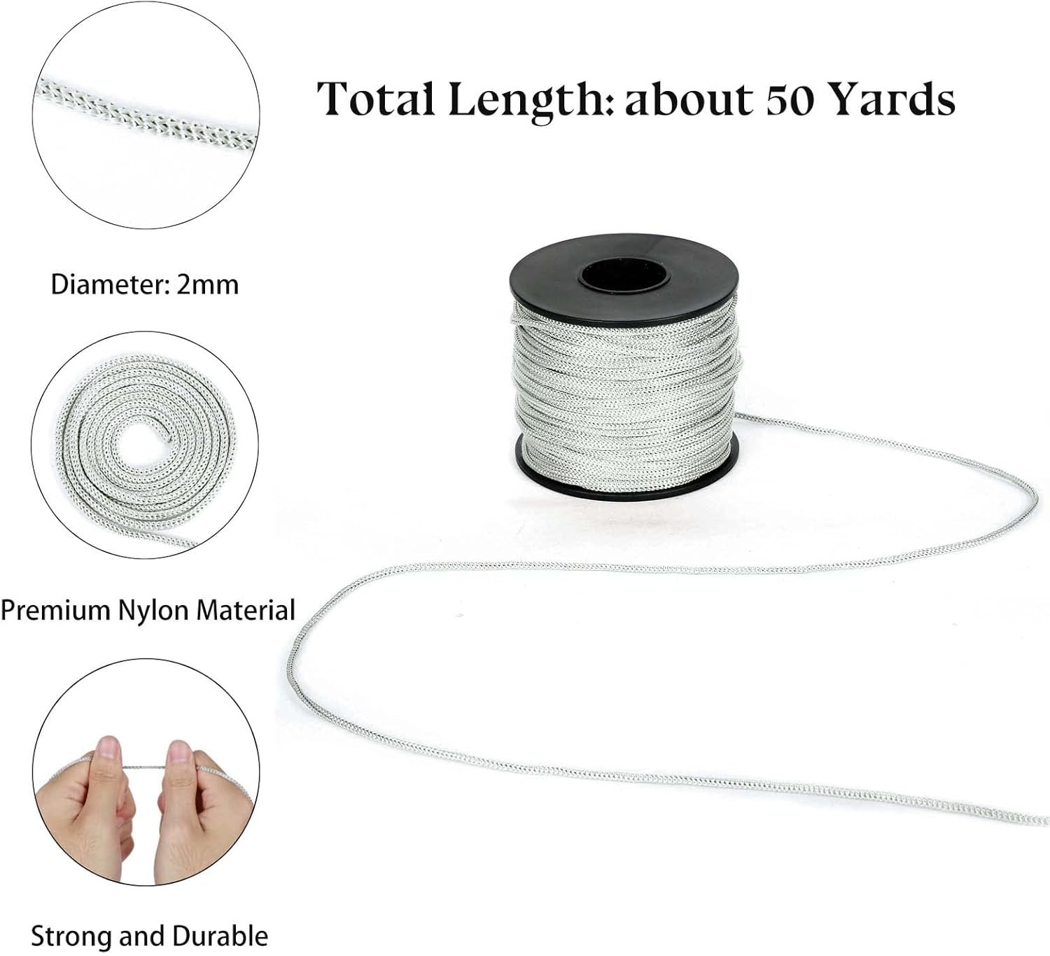 Versatile 2mm Braided Nylon Satin Cord, 50 Yards for Jewelry and Home Decor