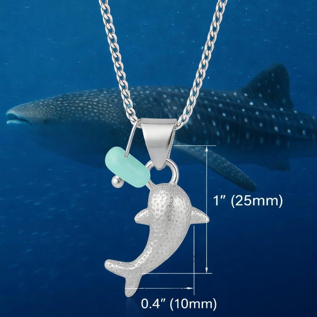 Stainless Steel Dolphin Necklace with Blue Sea Glass Accent