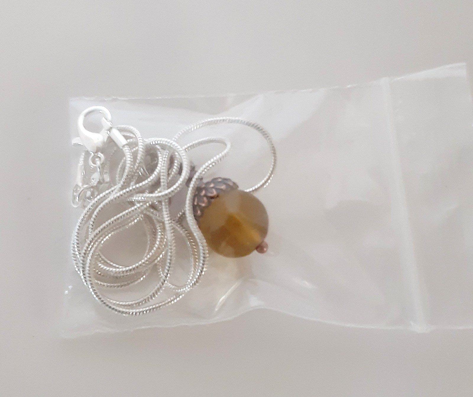 Handcrafted Acorn Pendant Charm Necklace Frosted Czech Glass 22″ SP Snake Chain