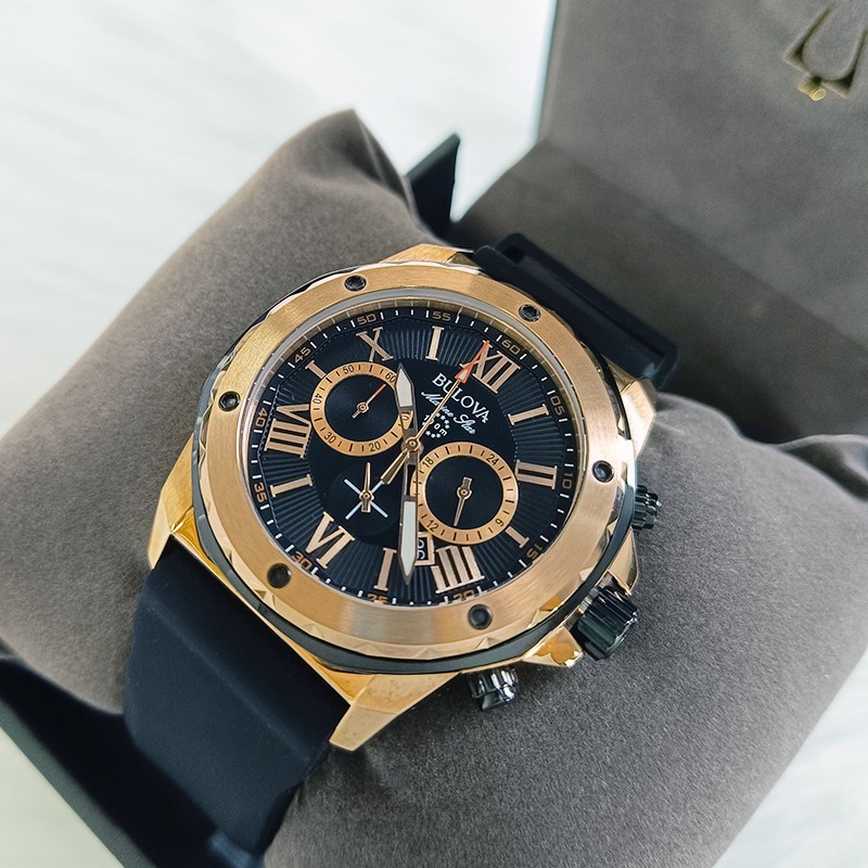 Bulova Marine Star-98B104-Men Black Rubber Strap Quartz Watch Rose Gold Dial44mm