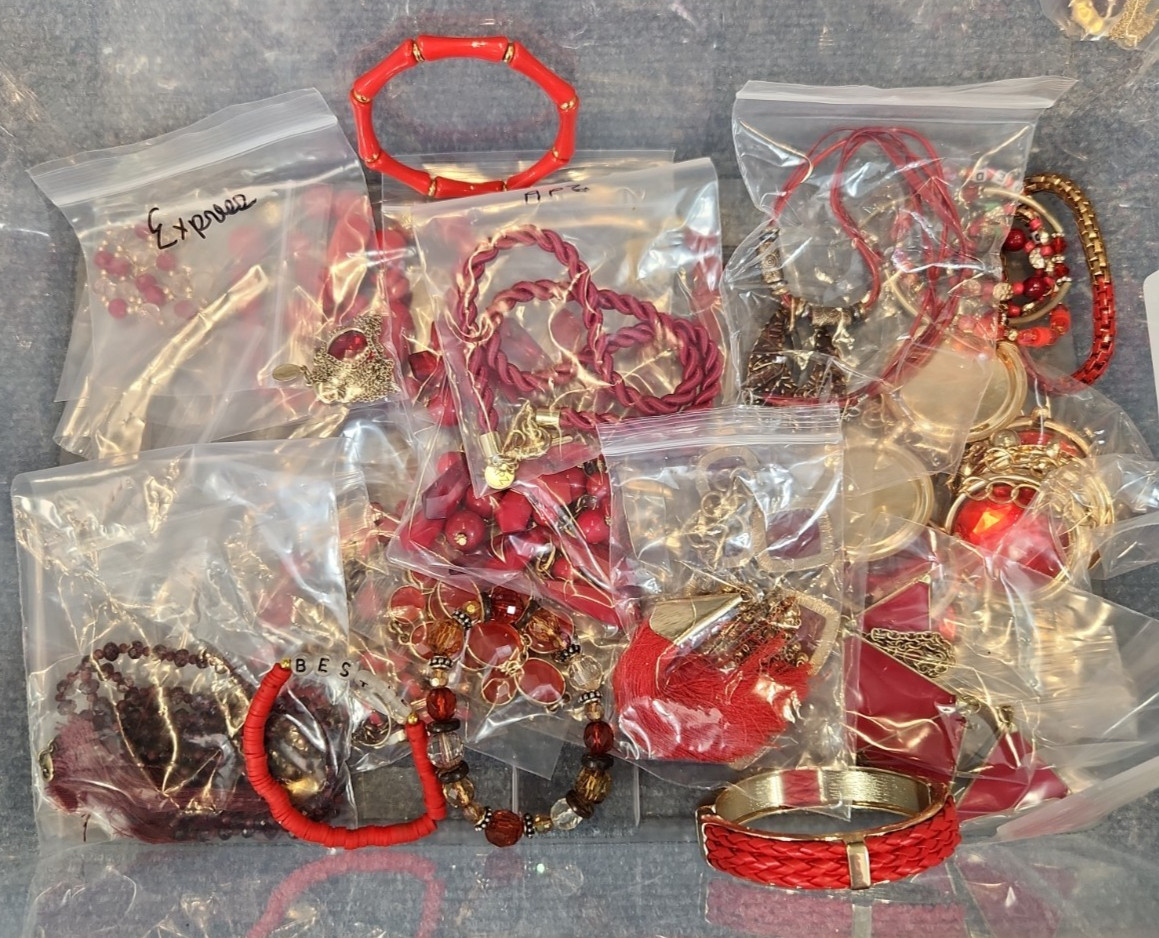 Jewelry Wearable Red & Gold Tone Collection 5 Lbs Lot #704 See Description