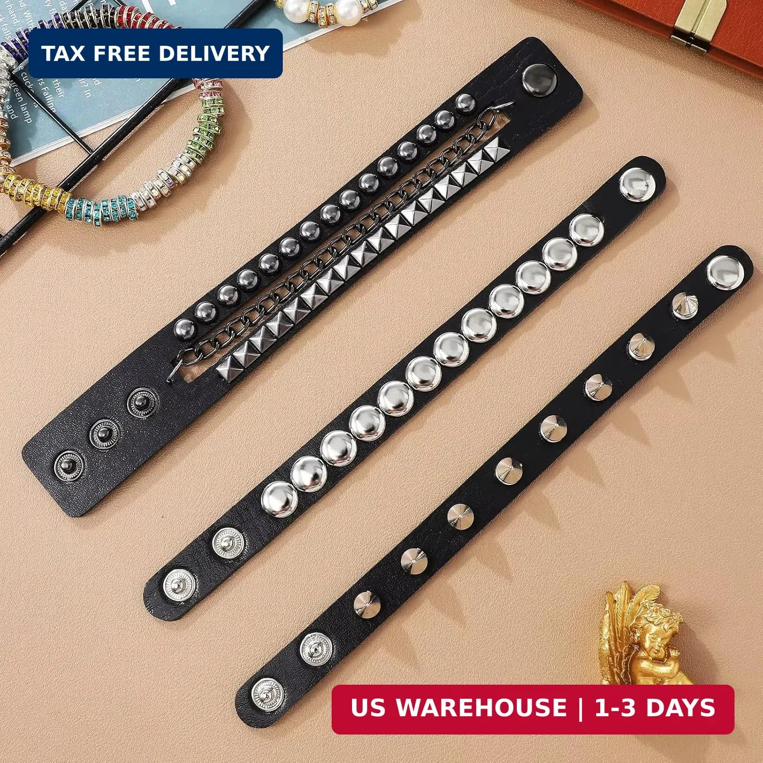 3-Piece Punk Rock Studded Bracelets, Black Spiked Leather Cuff for Men & Women,