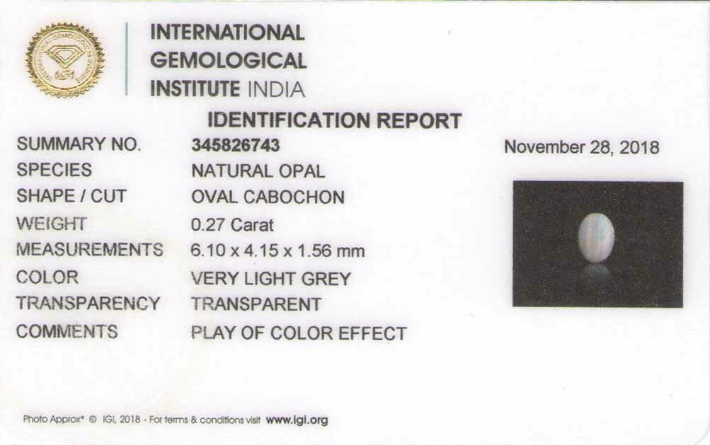 IGI Certified AUSTRALIA Opal 0.27 Cts Natural Untreated Very Light Grey Oval