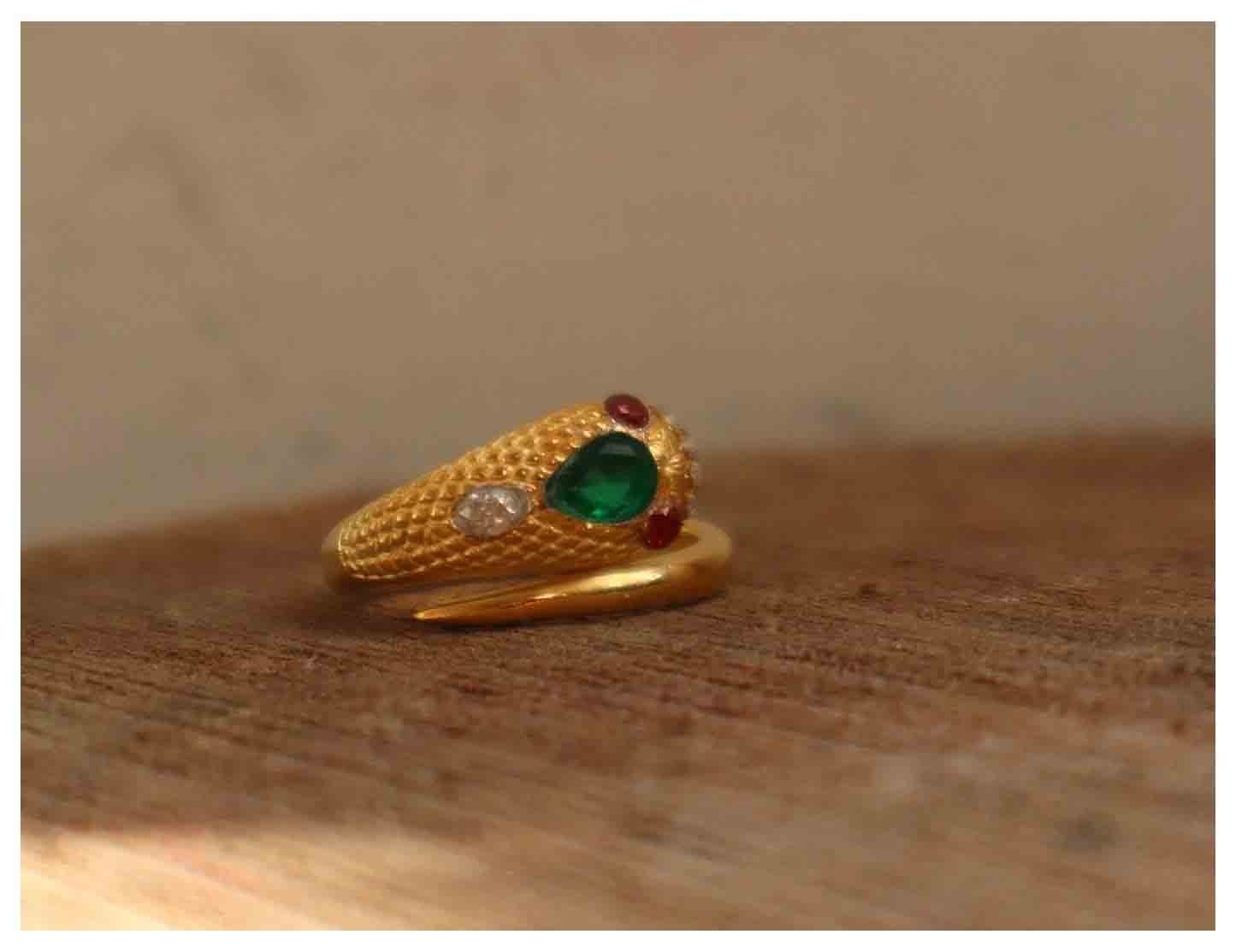 Queen Victoria Gold Vermeil Serpent Snake Ring with Lab Created Sapphire
