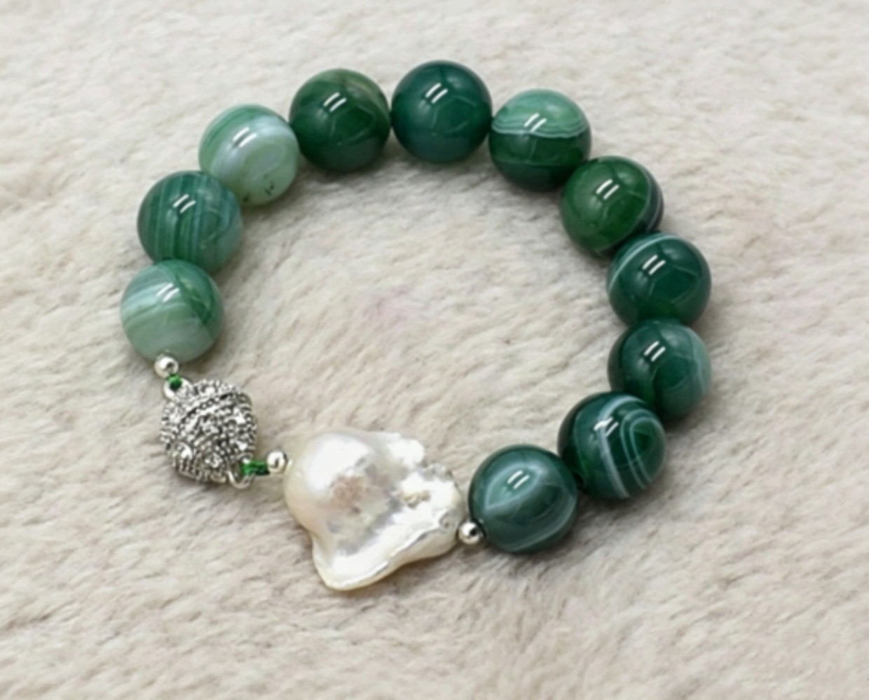 Natural Pretty 12/14mm Green Striped Agate White Baroque Pearl Bracelet 7-9in