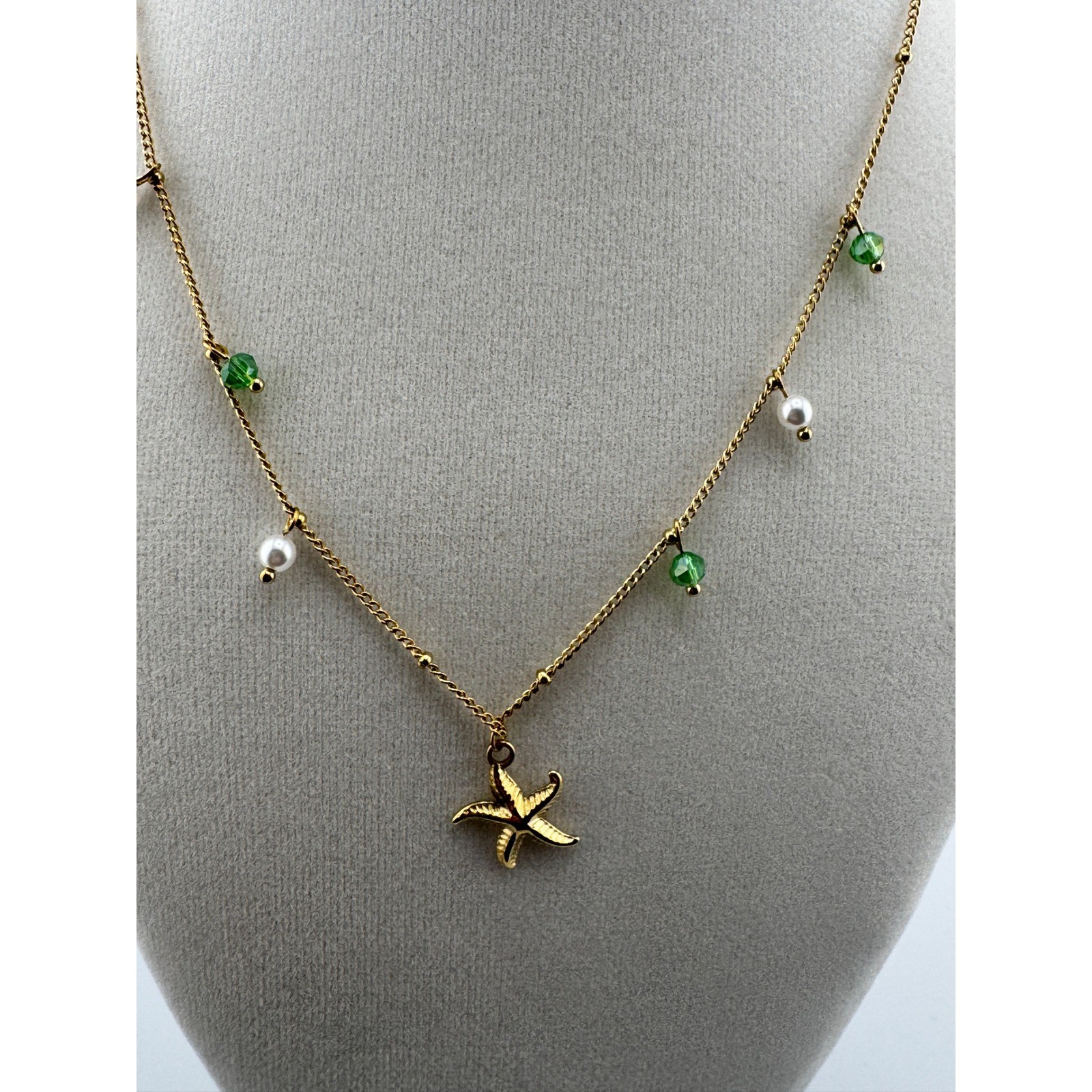 Gold Starfish Pearl Green Bead Necklace 14k Gold Plated Stainless Steel Coastal
