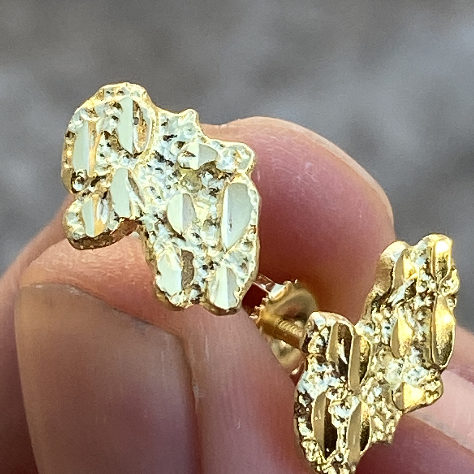 14k Gold Plated Nugget Earrings 925 Sterling Silver Cut Screw Back 14MM