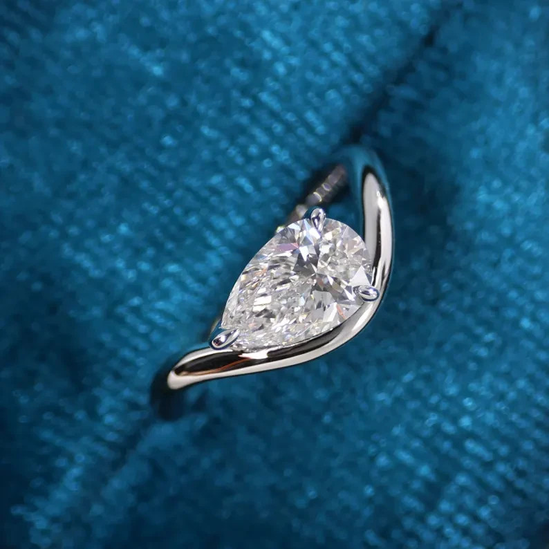 14K White Gold Pear Cut Lab Grown Diamond Solitaire Style Engagement Gift Ring
