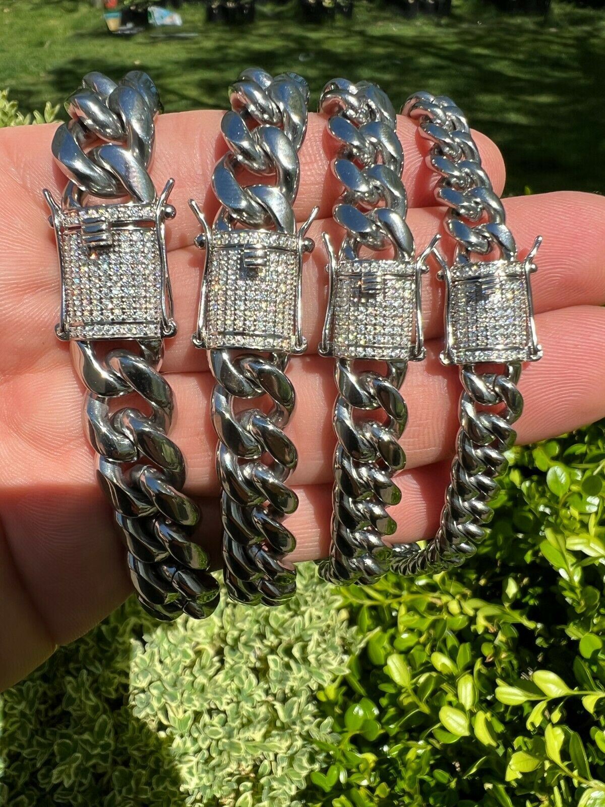 Miami Cuban Link Stainless Steel Chain W. 1ct CZ Iced 925 Silver Clasp 8mm-14mm