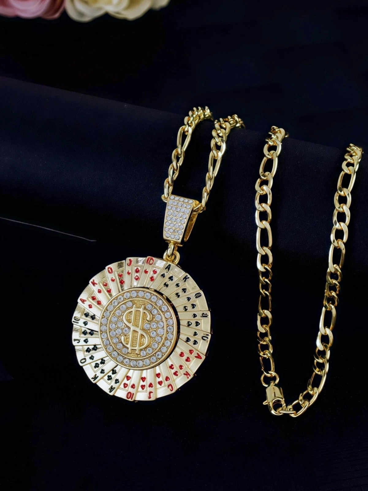 Gold Roulette Spinning Center /Casino Poker Cards Pendant Necklace Cuban Chain
