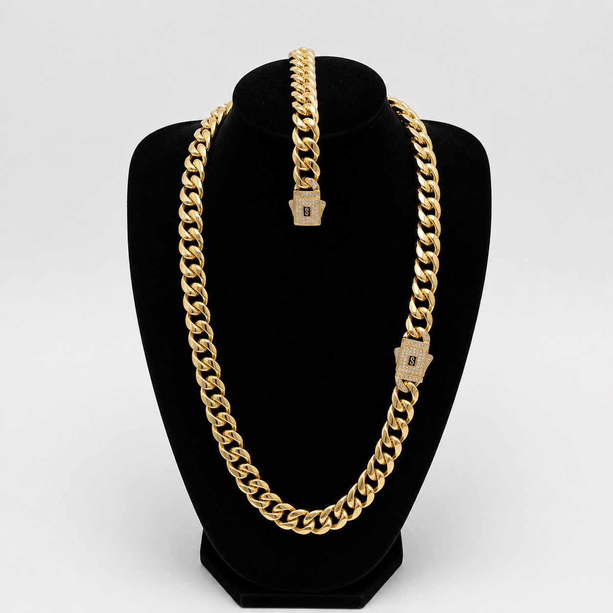 14K Gold Filled Cuban Link Monaco Chain 24″ 12mm & Bracelet 8″ Iced Box Lock Men