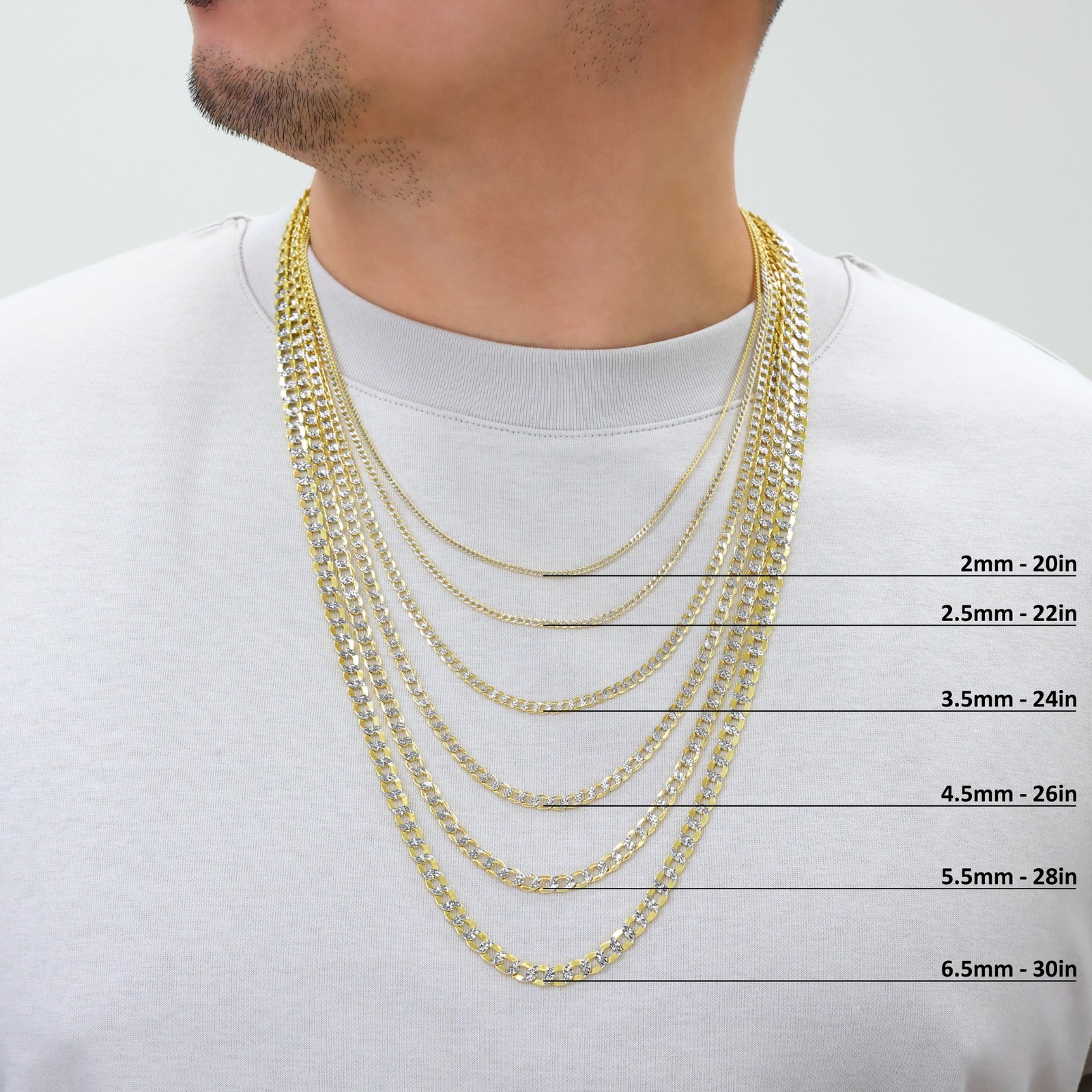 10K Yellow Gold 2mm-7.5mm Diamond Cut White Pave Cuban Chain Necklace 16″- 30″