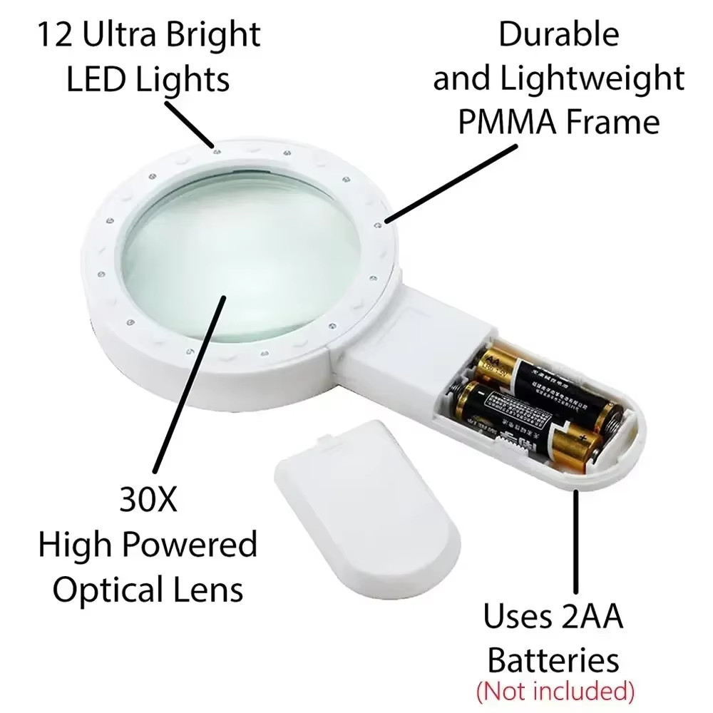 30X Handheld Magnifier 12 LED Illuminated Light with UV Light Portable Magnify