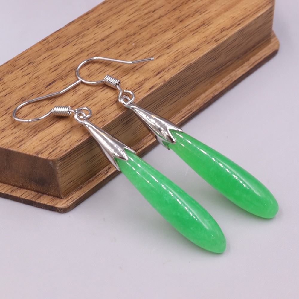 Gold Plated Alloy Heated Green Jade Long Charm Dangle Earrings 50mm H