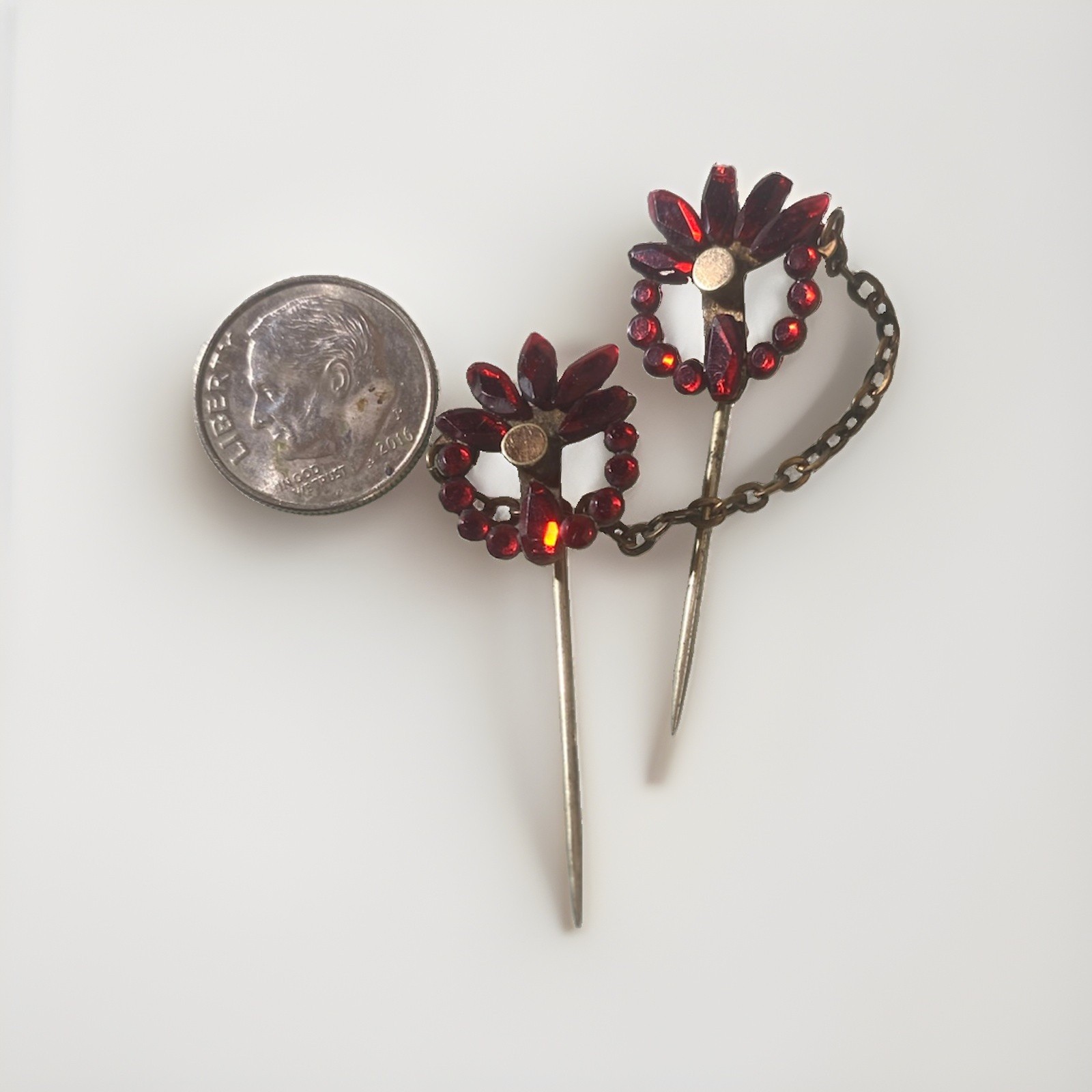 Antique Victorian Double Stick Pin Ruby Red Bohemian Glass “Garnets” c. 1900
