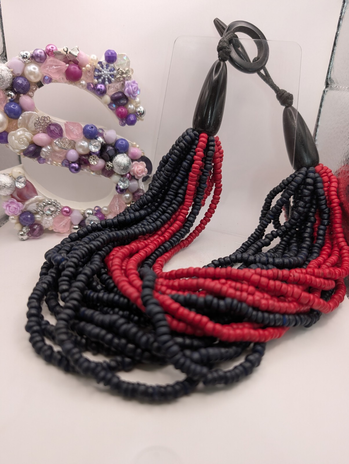 Chunky red black dyed wood multi strand none metal statement toggle necklace