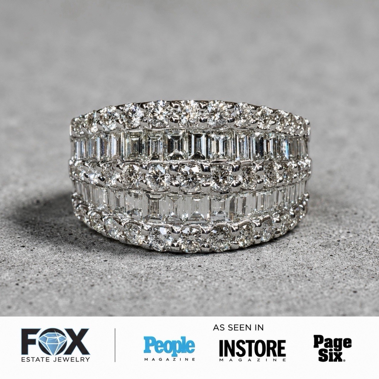 Estate 18K White Gold Baguette & Round Diamond Multi Row Wide Band Cocktail Ring