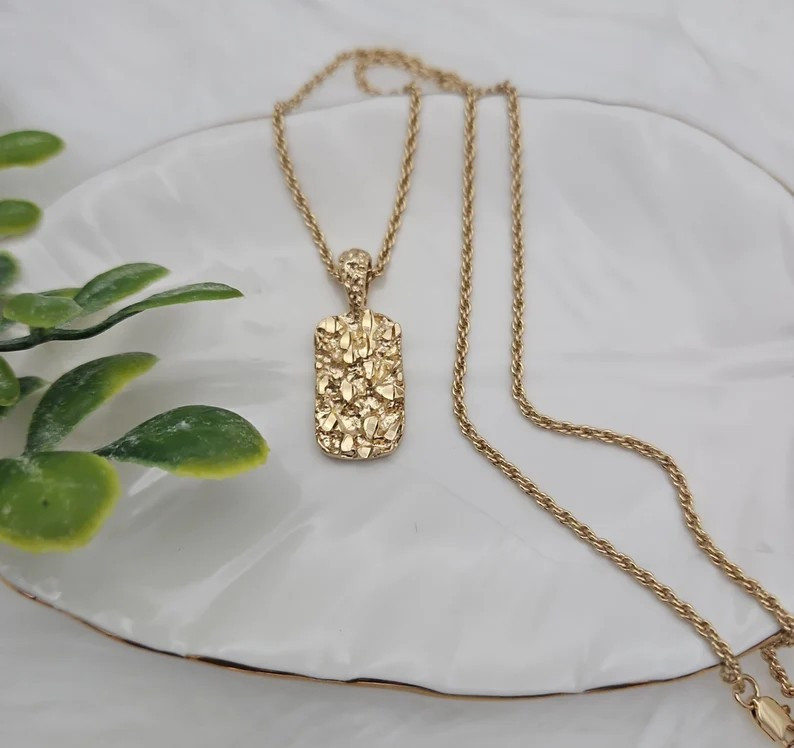 Gold Nugget Necklaces, Small Dog Tag Pendant, 1mm Rope Chain, 14k Plated Gold