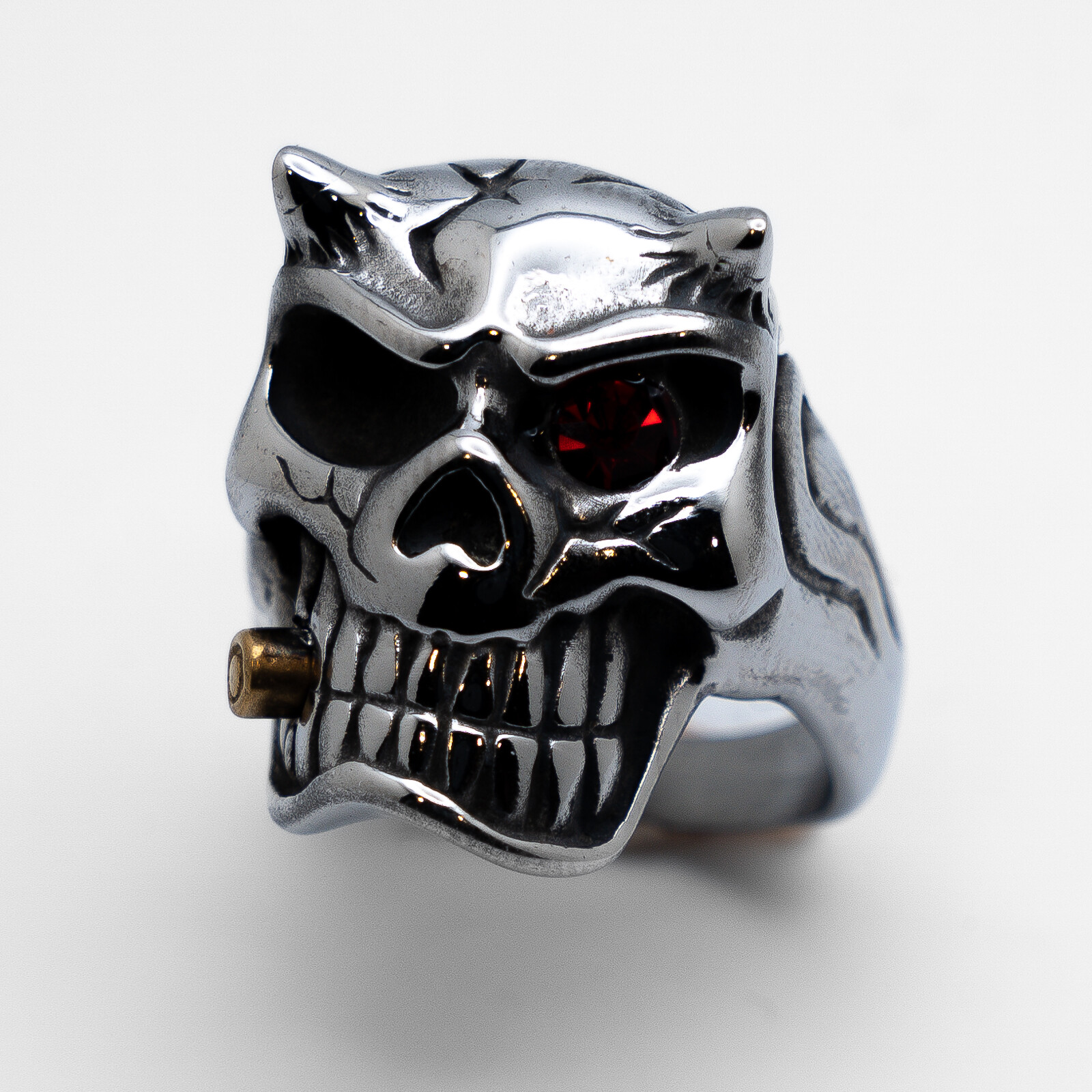 Skull Stainless Steel with Red Eye and Horns Biker Ring 107