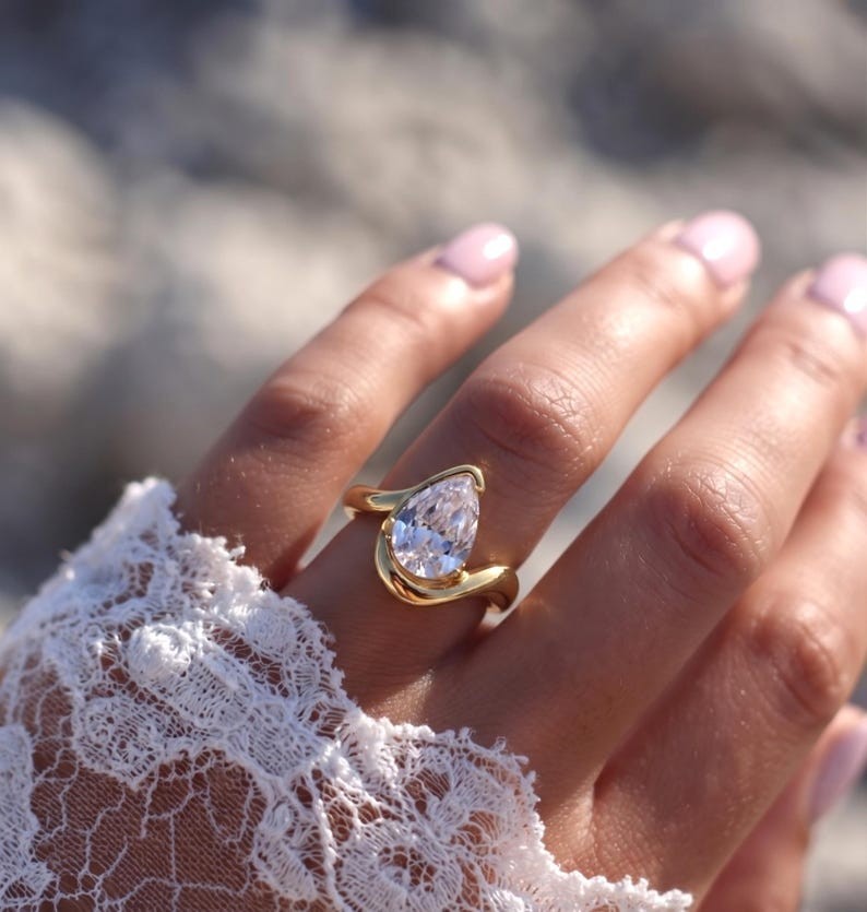Pear Shape Moissanite Bypass 14K Gold Plated Teardrop Engagement Ring