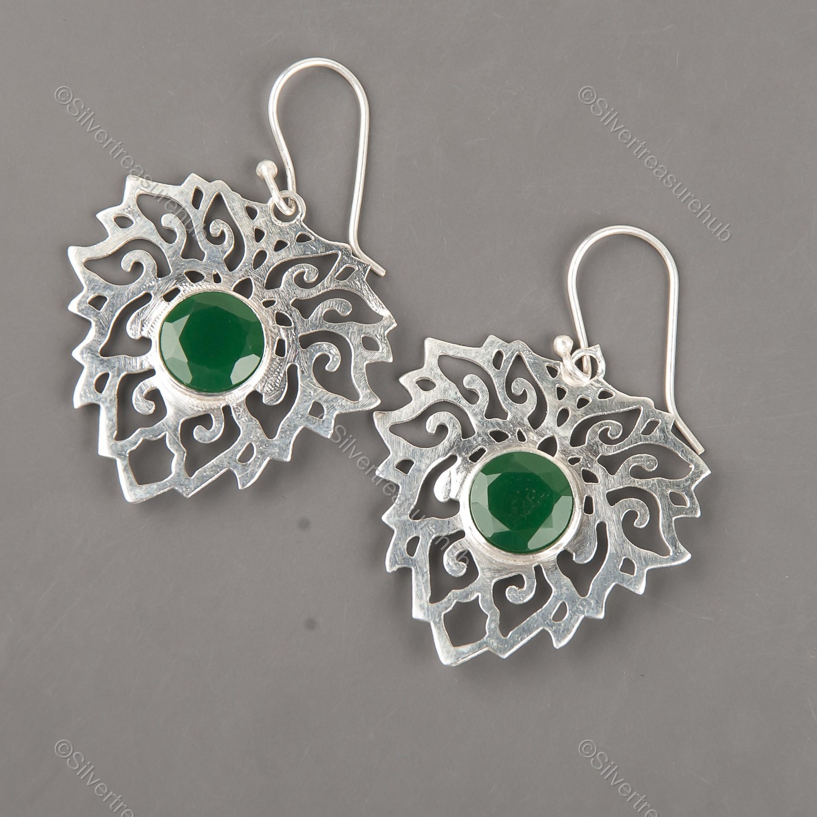 Round Green Onyx Gemstone 925 Silver New Sister Drop Anniversary Trendy Earrings