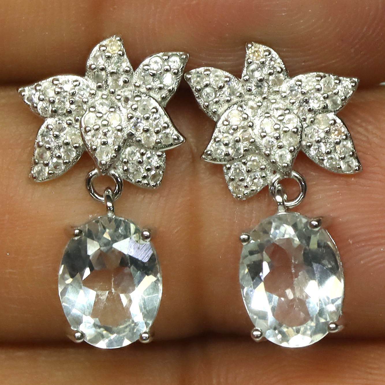 Thai Handmade 925 Silver 7 x 9 mm. White Topaz & Zircon Earrings