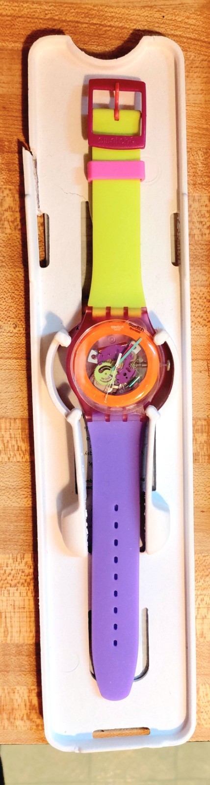 NEW✅ Swatch Dip In Color Orange Skeleton Dial Yellow and Purple Silicone Watch