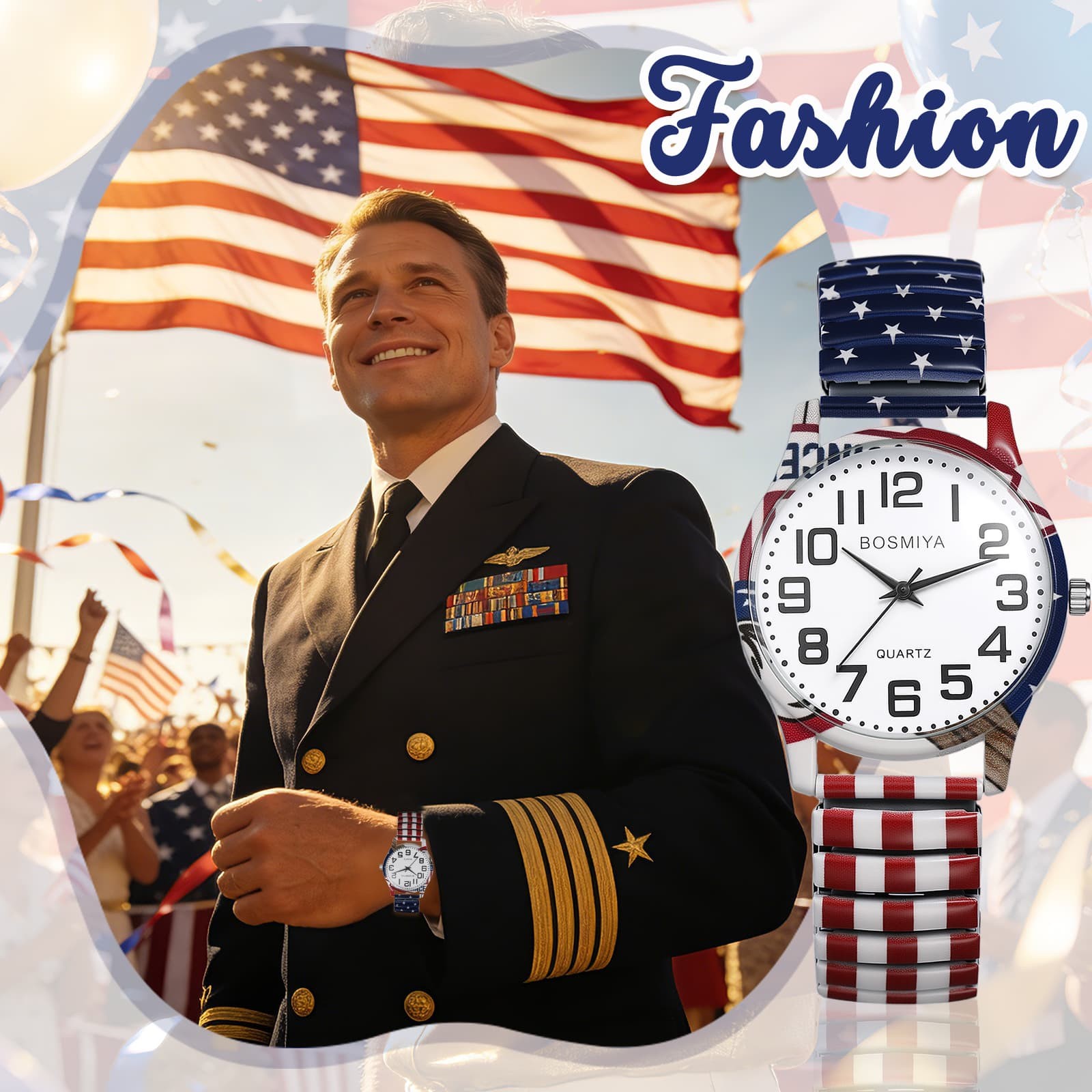 Men Women USA 250th Anniversary Stainless Steel Printed Elastic Band Wrist Watch