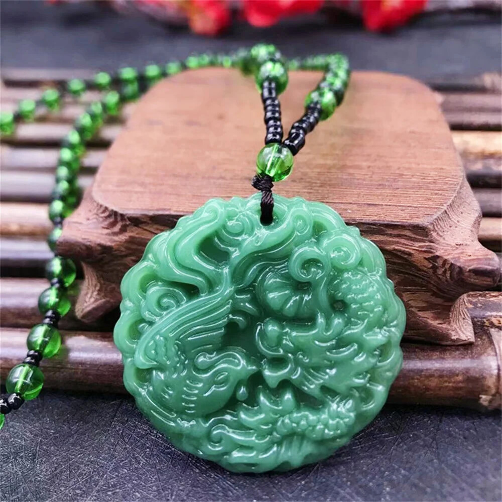 Green Jade Stone Hand-Carved Dragon Phoenix Jade Pendant Necklace Chineseamulet