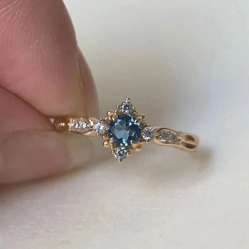 Art Deco Style Aquamarine Lab Created Diamond Engagement 14K Yellow Gold FN Ring