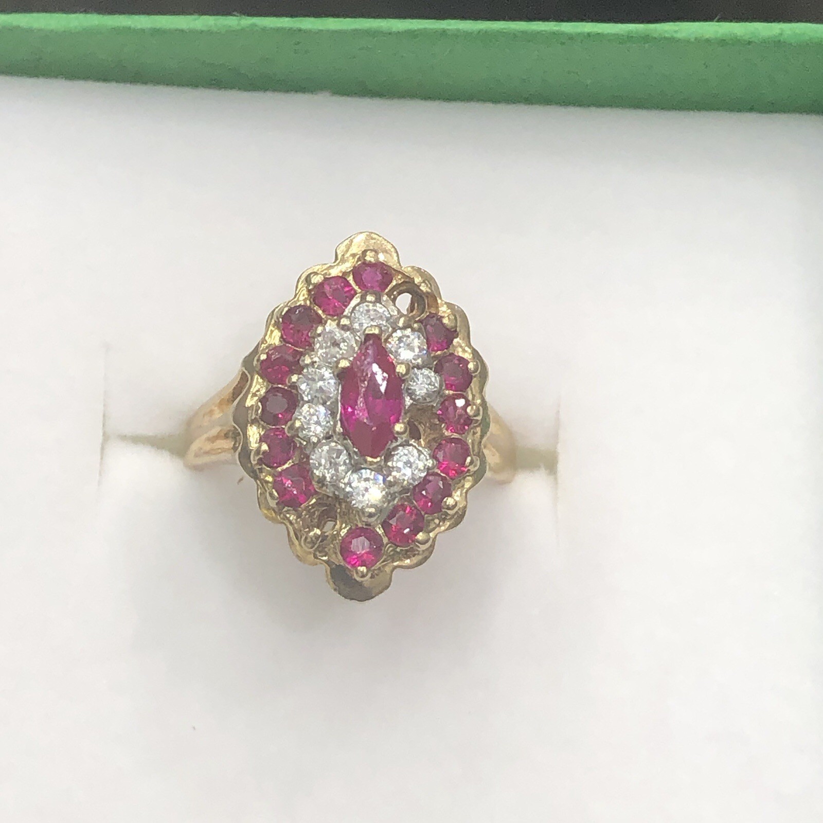 14KT YELLOW GOLD RING RED & WHITE GEMSTONES 1X1mm SIZE 5.5 WEIGHT 4.4g