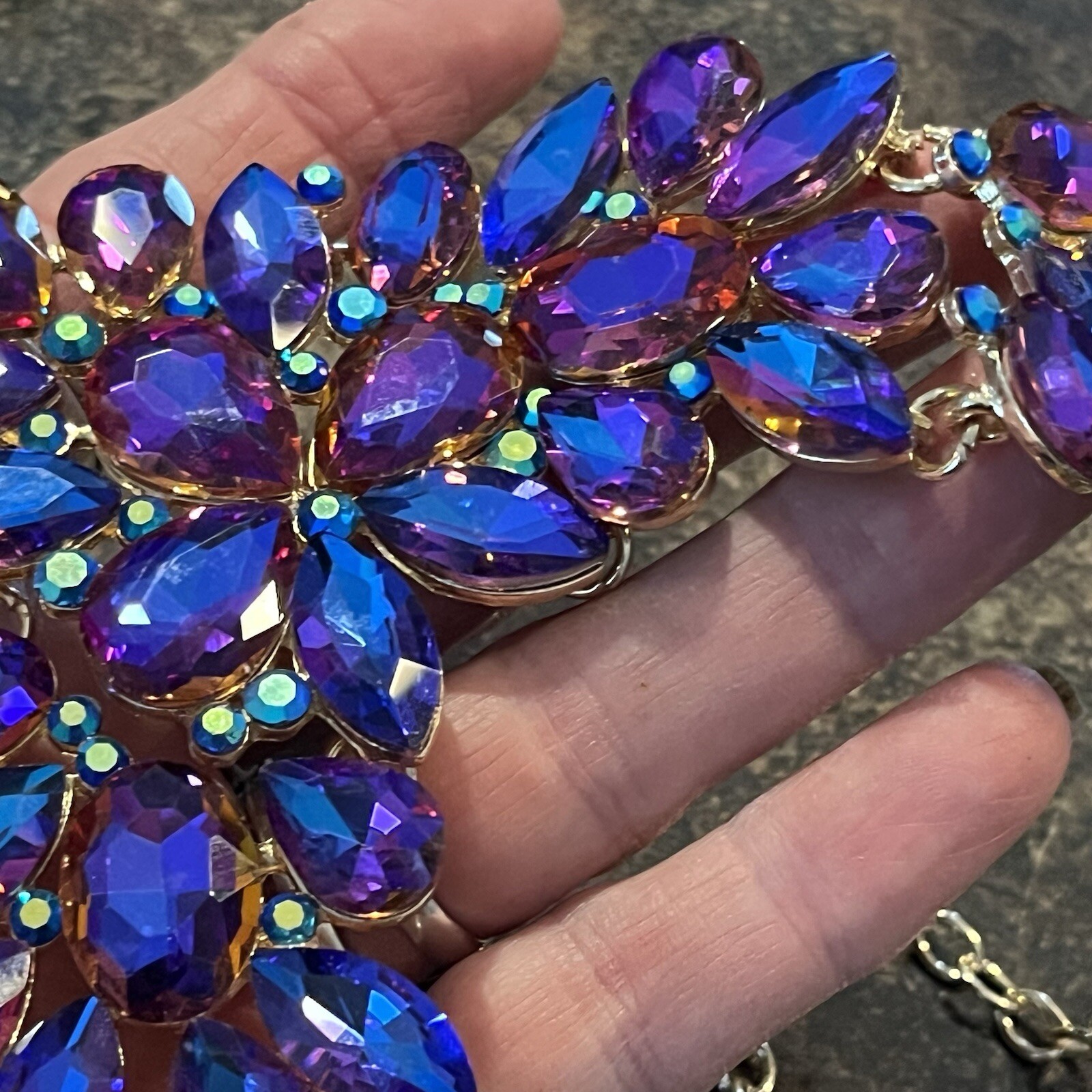 Necklace Iridescent Purple Blue Glass Rhinestone A/B 16” Foil Back STATEMENT