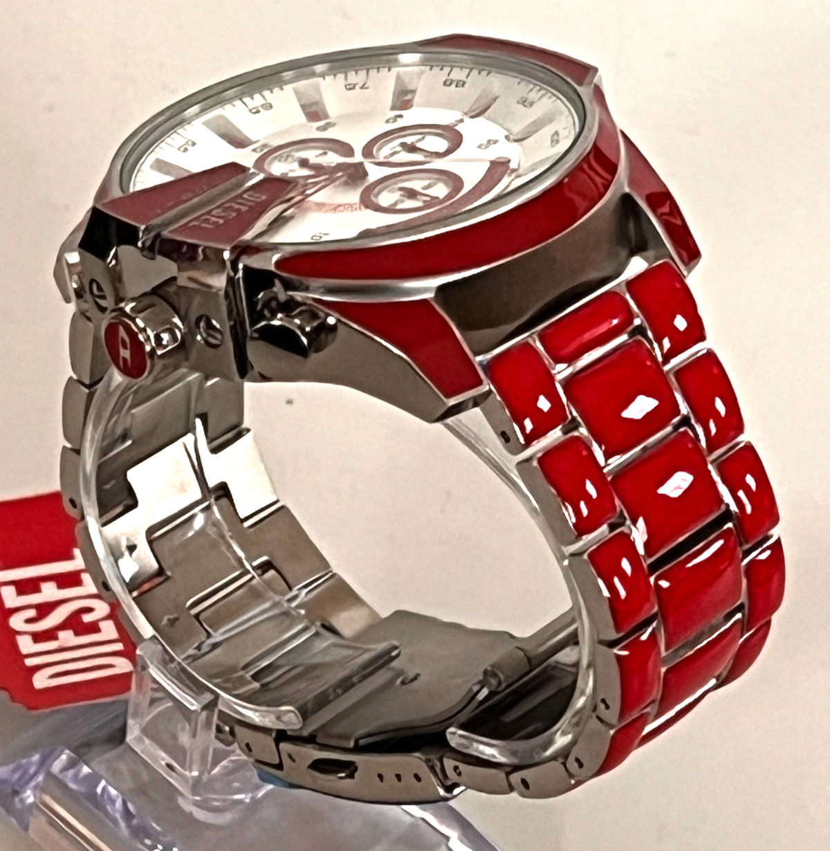 DIESEL DZ4638 Men’s Mega Chief Red Enamel Stainless Steel Watch BNWT/Box $290