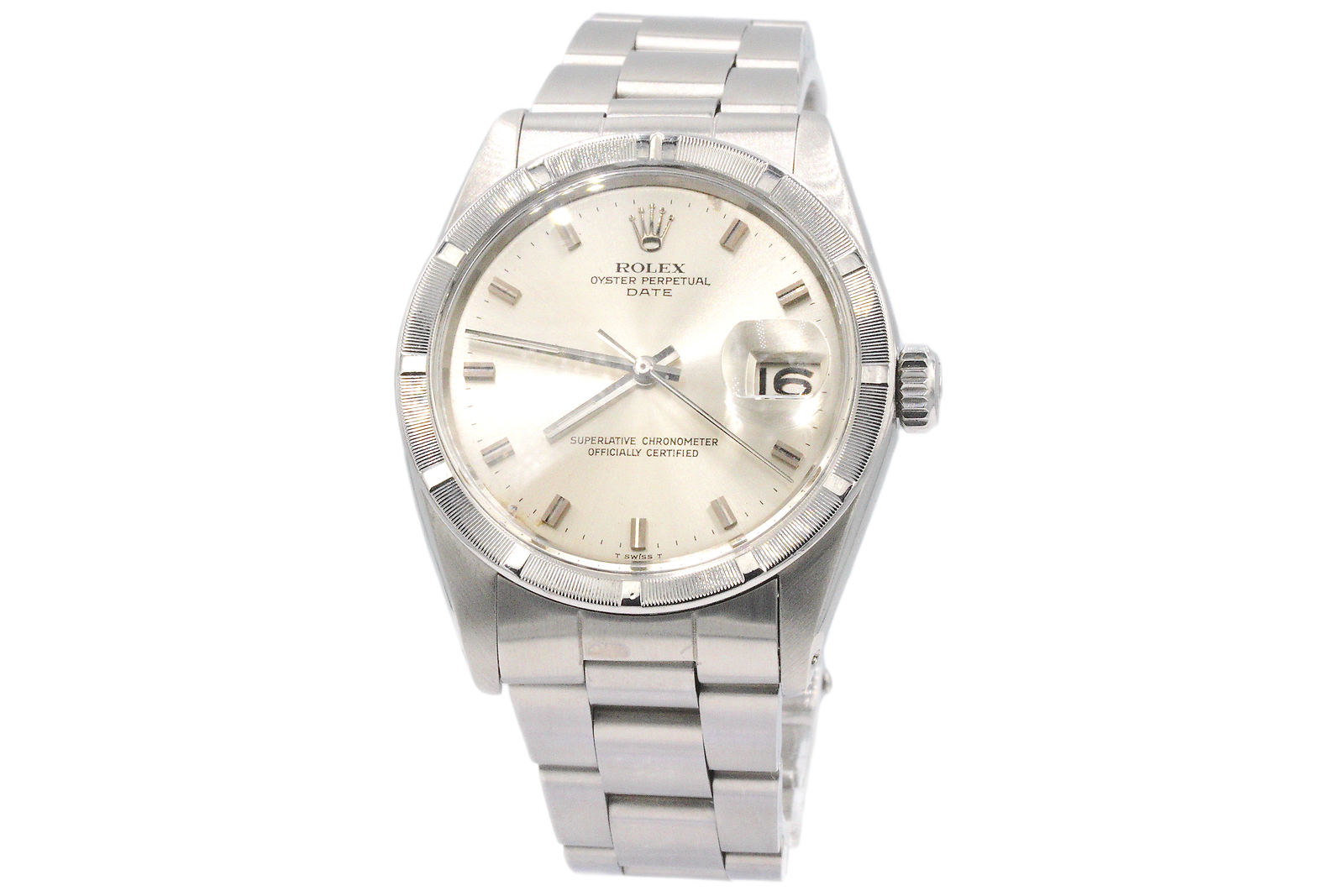 Mens Rolex Date Stainless Steel Watch Engine-Turned Index Bezel Silver Dial 1501