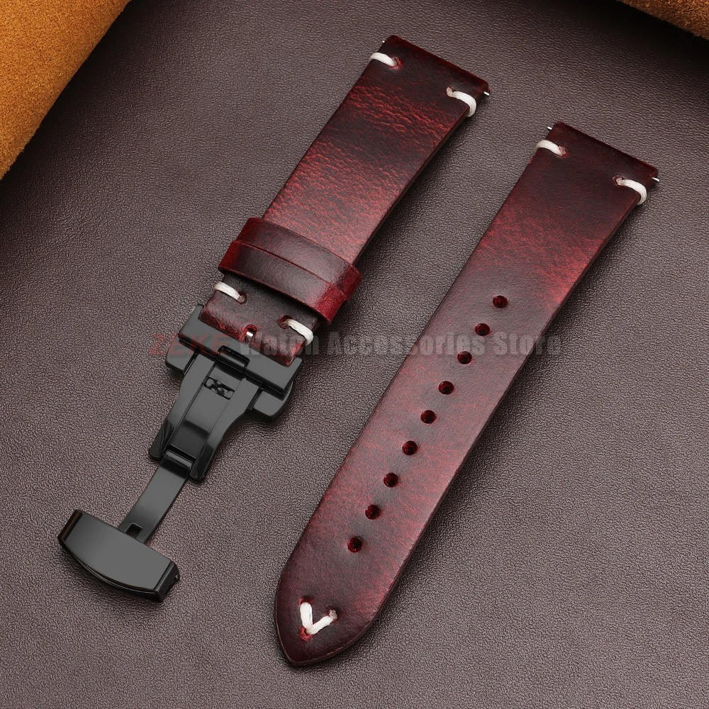 Genuine Leather Butterfly Buckle Watch Bands 18/20/22mm Waterproof Retro Oil Wax