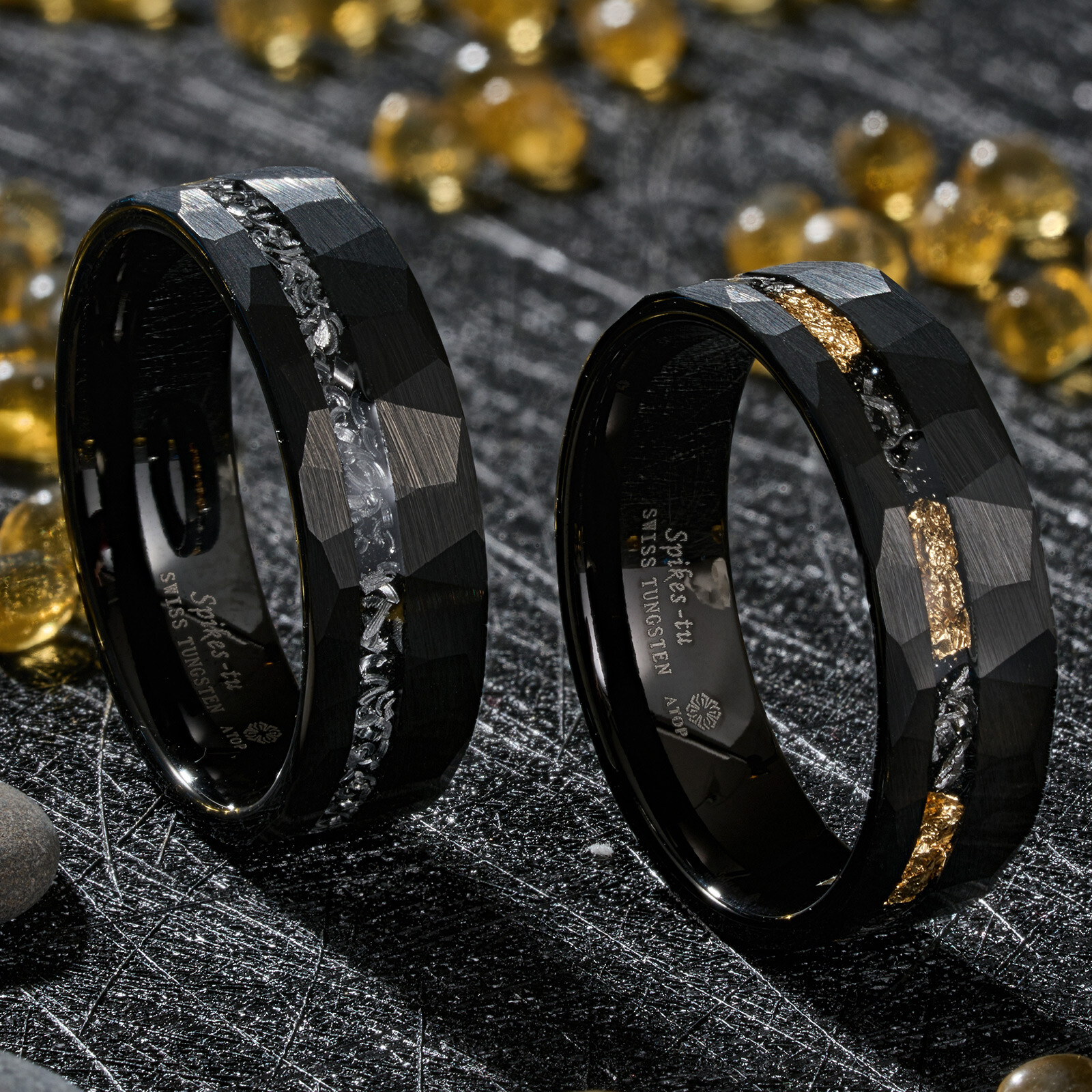 ATOP 8mm Meteorite Black Sliver Gold Tungsten Ring Line Men Wedding Band
