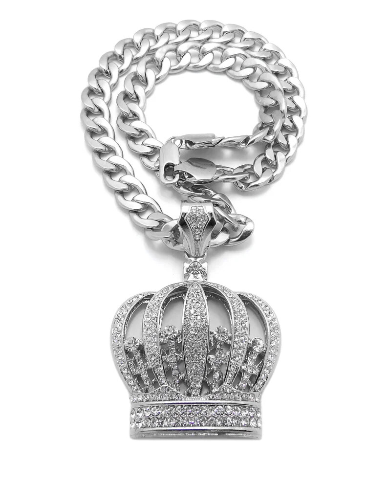 Hip Hop Silver Plated Alloy Cubic Zirconia King Crown Charm Cuban Chain Necklace