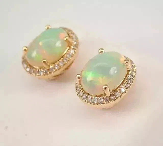 Natural Fire Opal 3.00Ct Oval Cut Halo Stud Earrings 14K Yellow Gold Plated