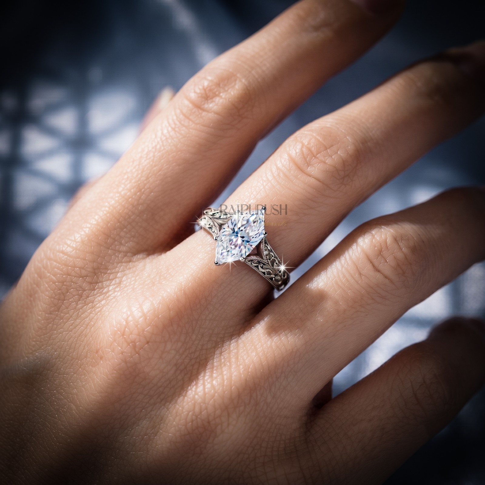 Marquise Cut Moissanite Art Deco Engagement Ring 925 Sterling Silver Bridal Band