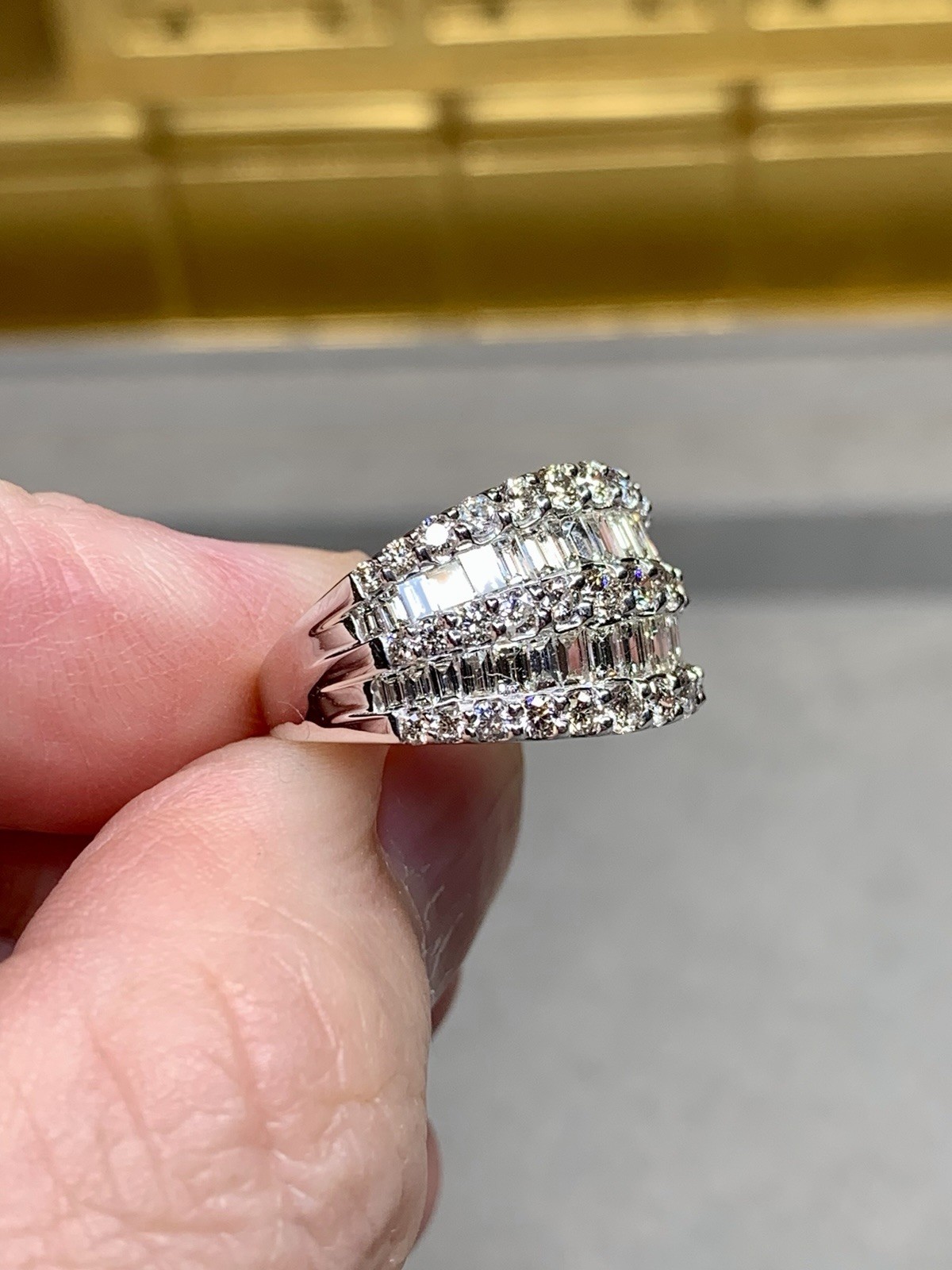 Estate 18K White Gold Baguette & Round Diamond Multi Row Wide Band Cocktail Ring