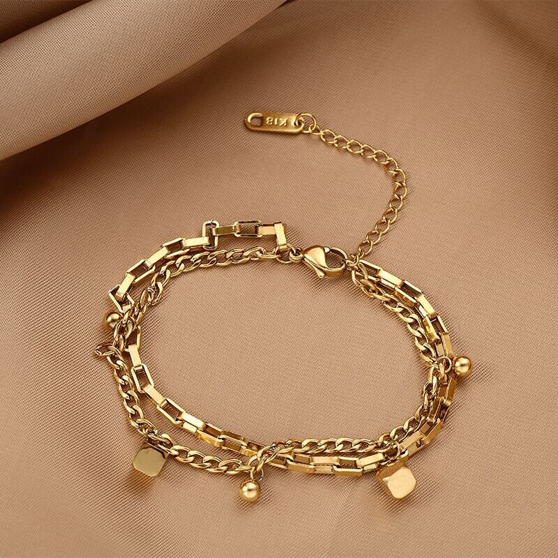 Woman 18K Gold Plated Stainless Steel Cubes Box Curb Chain Bracelet Bangle 7.9”