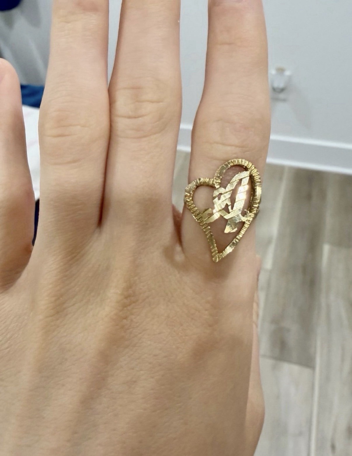 10K Yellow Gold Vintage Large Diamond Cut Initial A Heart Size 7 Ring