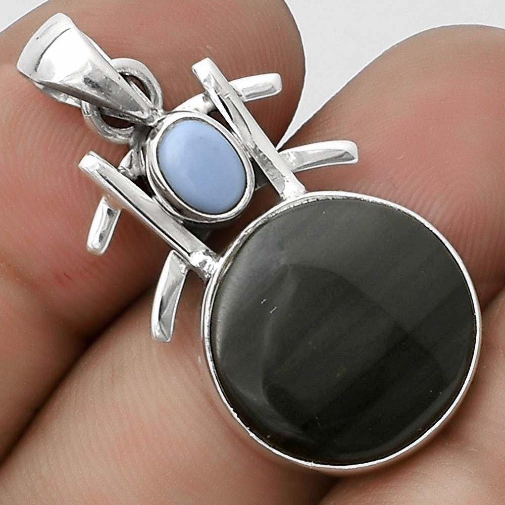 Black Lace Obsidian & Owyhee Opal 925 Sterling Silver Pendant Jewelry P-1046
