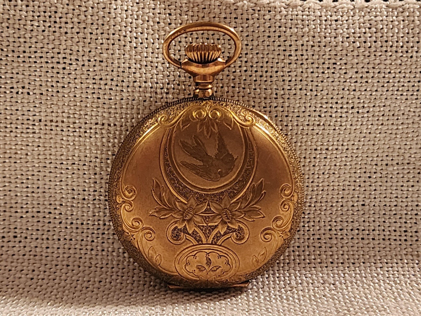 Antique Swiss Ladies Pocket Watch Gold Filled Hunter Case Bird Engraved WW