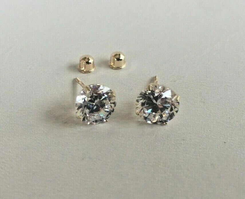 14K SOLID YELLOW GOLD STUD EARRINGS W/ 4 CARATS ROUND SIMULATED DIAMONDS